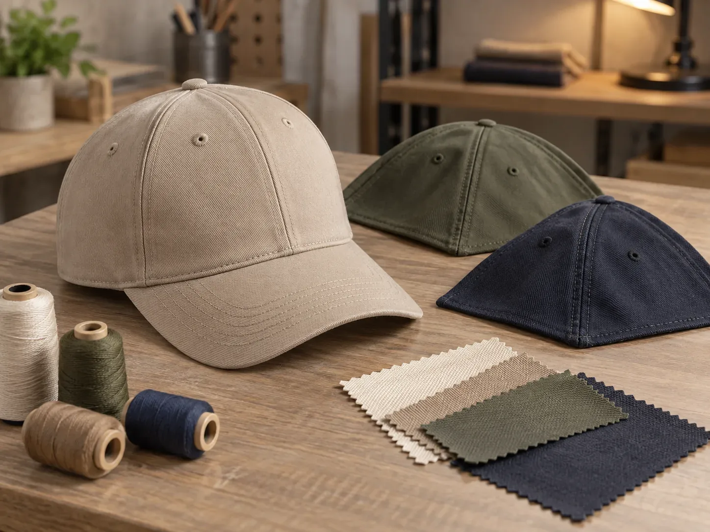 Headwear samples on a neutral worktable