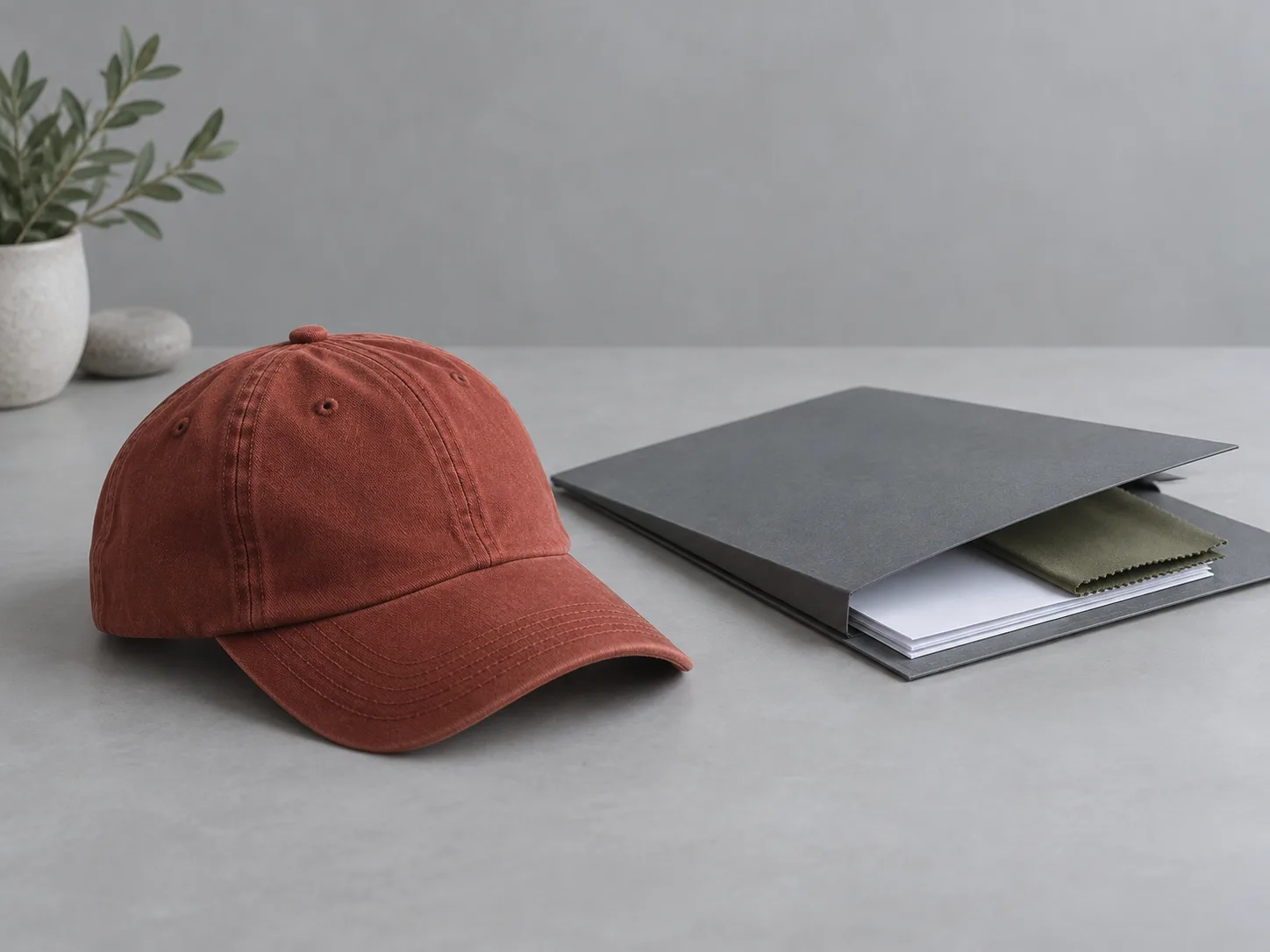 Hat sample beside a plain document folder
