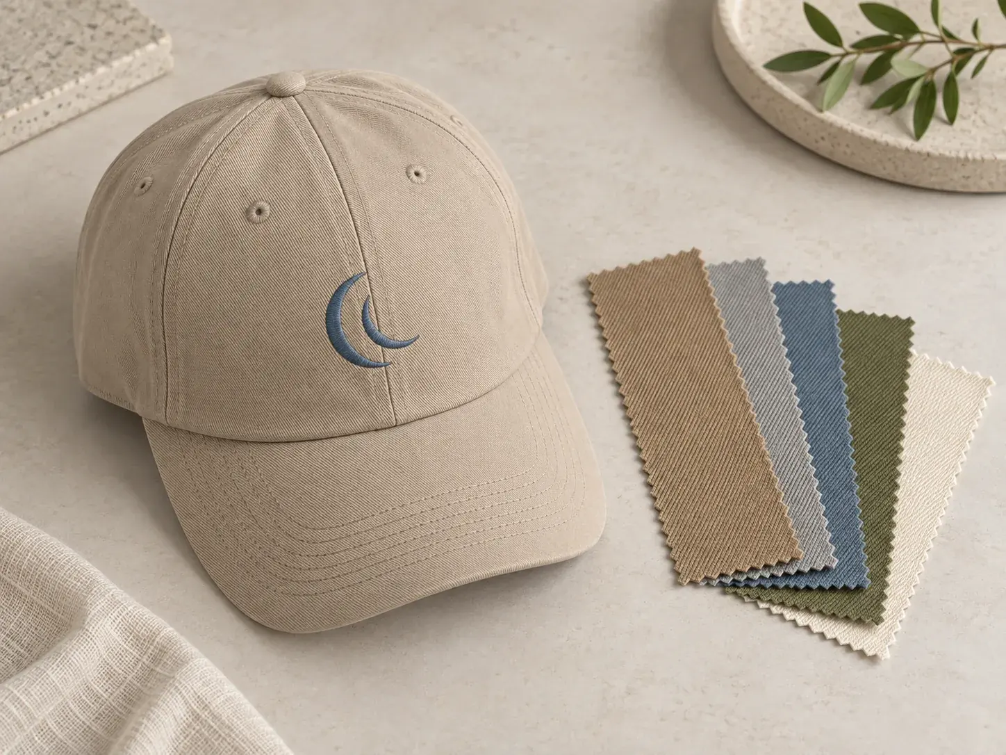 Illustrative baseball cap with neutral fabric and color-reference concepts