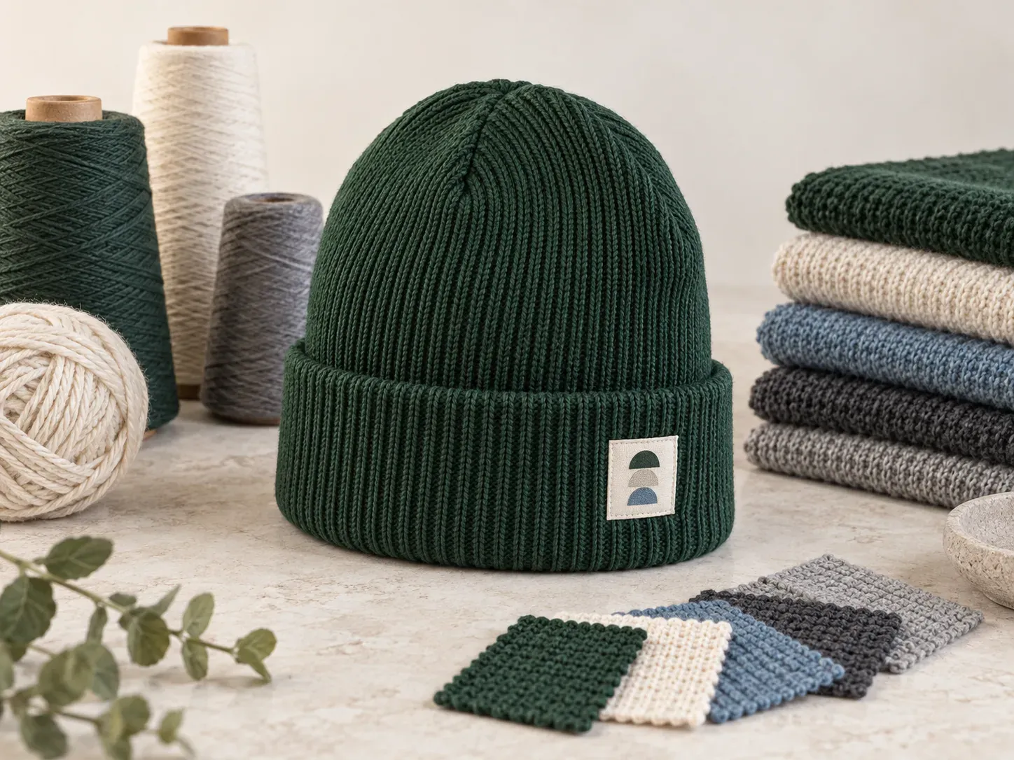 Illustrative knit beanie with yarn and neutral color-reference concepts