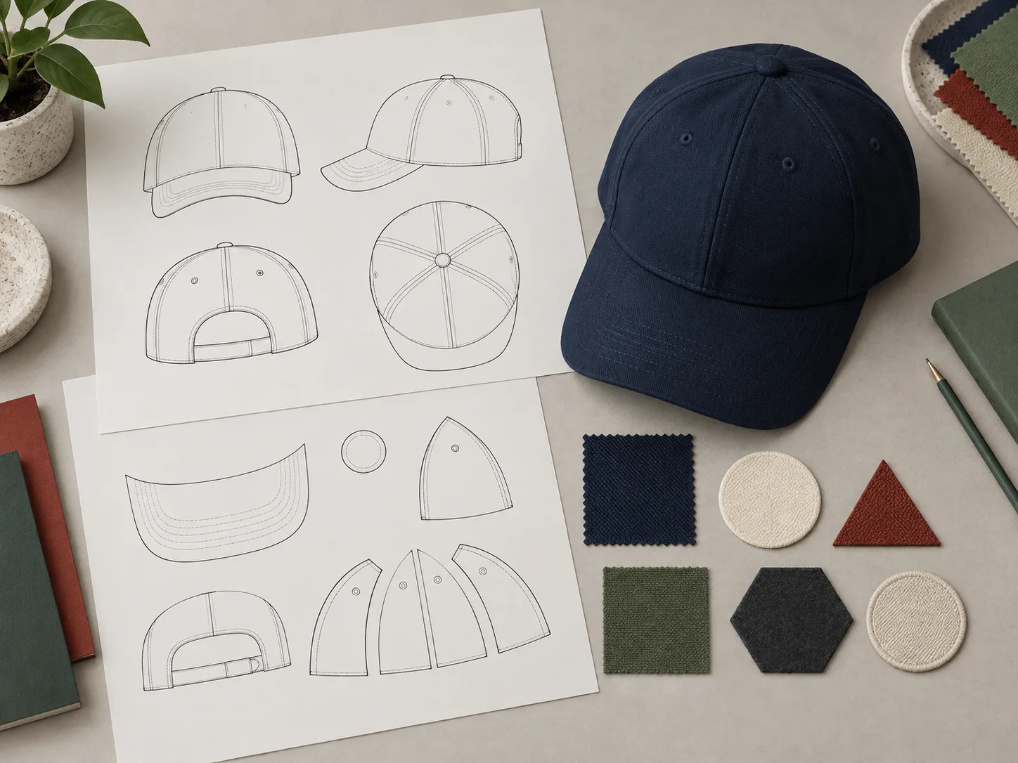 Illustrative cap structure sketches with separate geometric logo motif samples