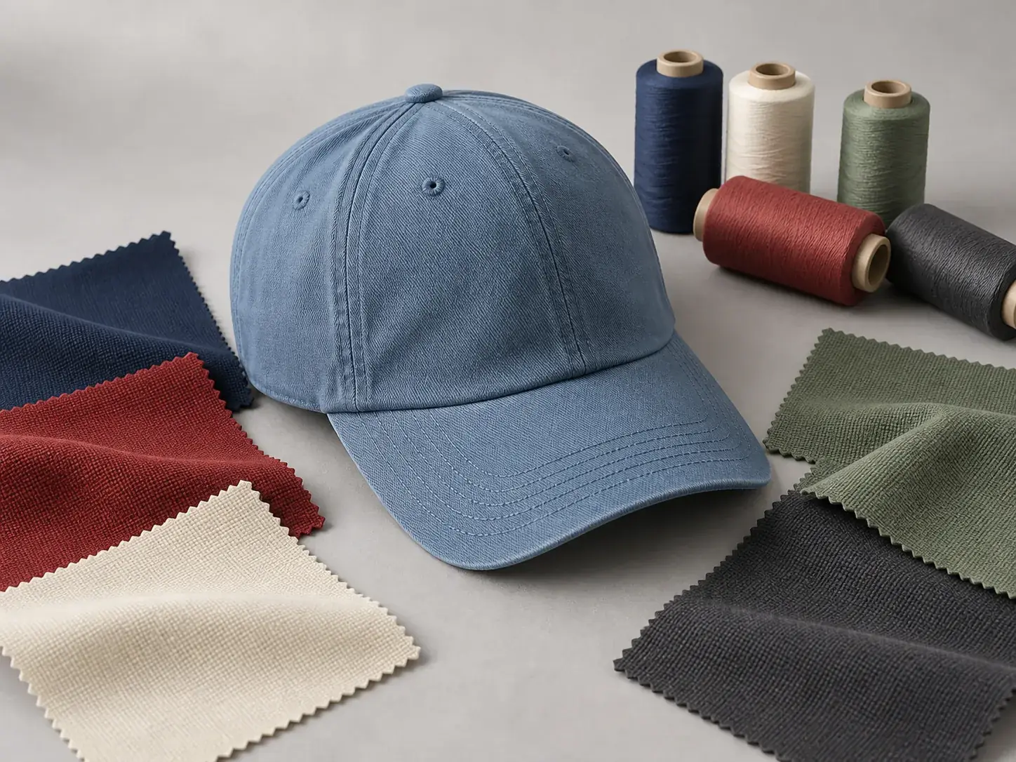 Illustrative cap and unlabelled fabric swatches under the same light