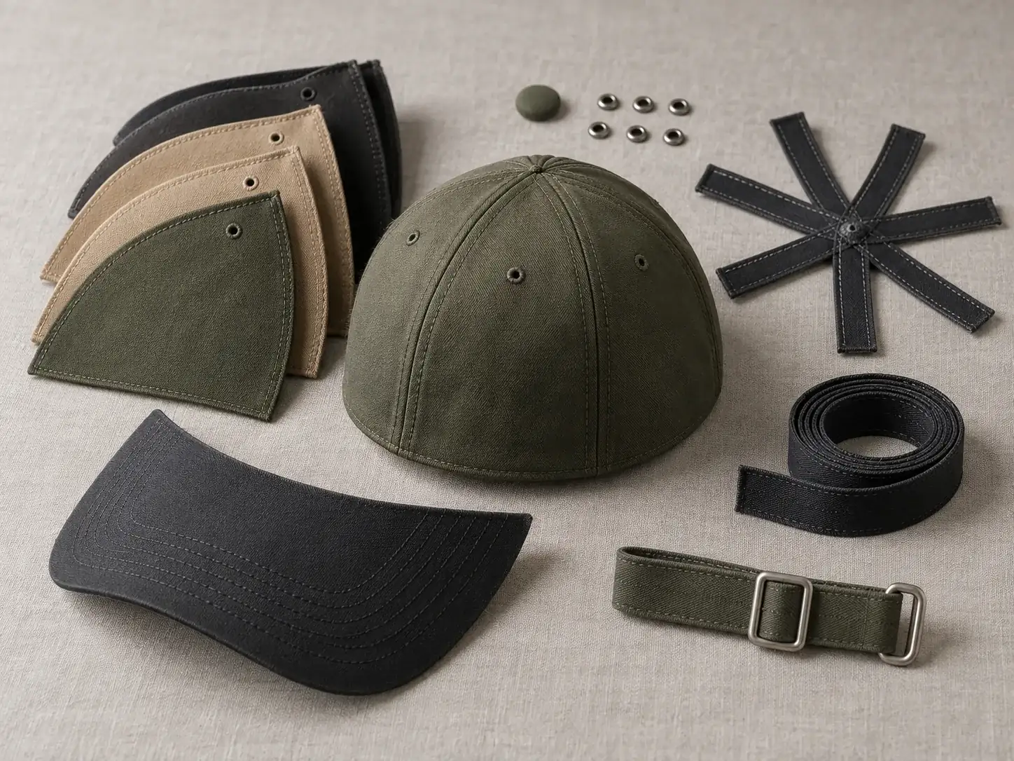 Illustrative cap panels, crown and brim construction components