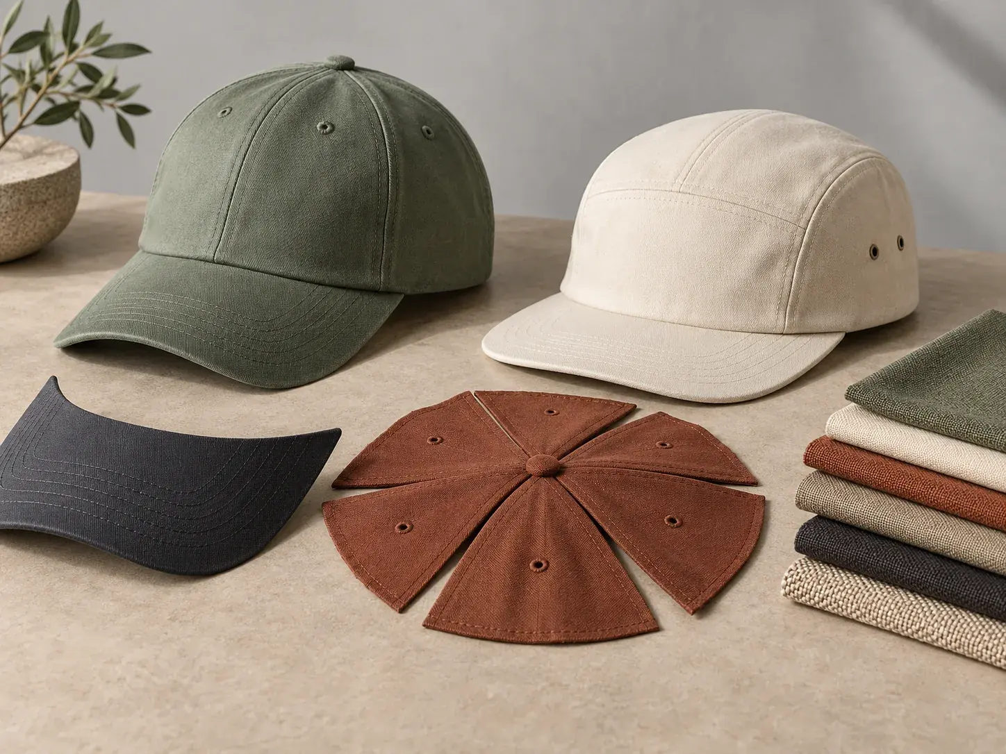 Illustrative headwear shapes, cap panels and fabric samples