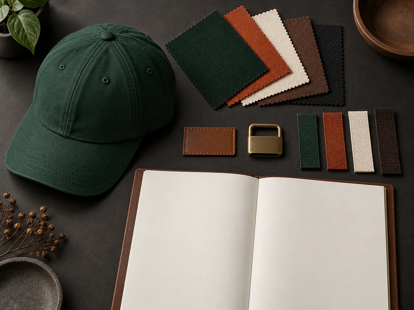 Illustrative cap, color swatches and components for a purchase brief