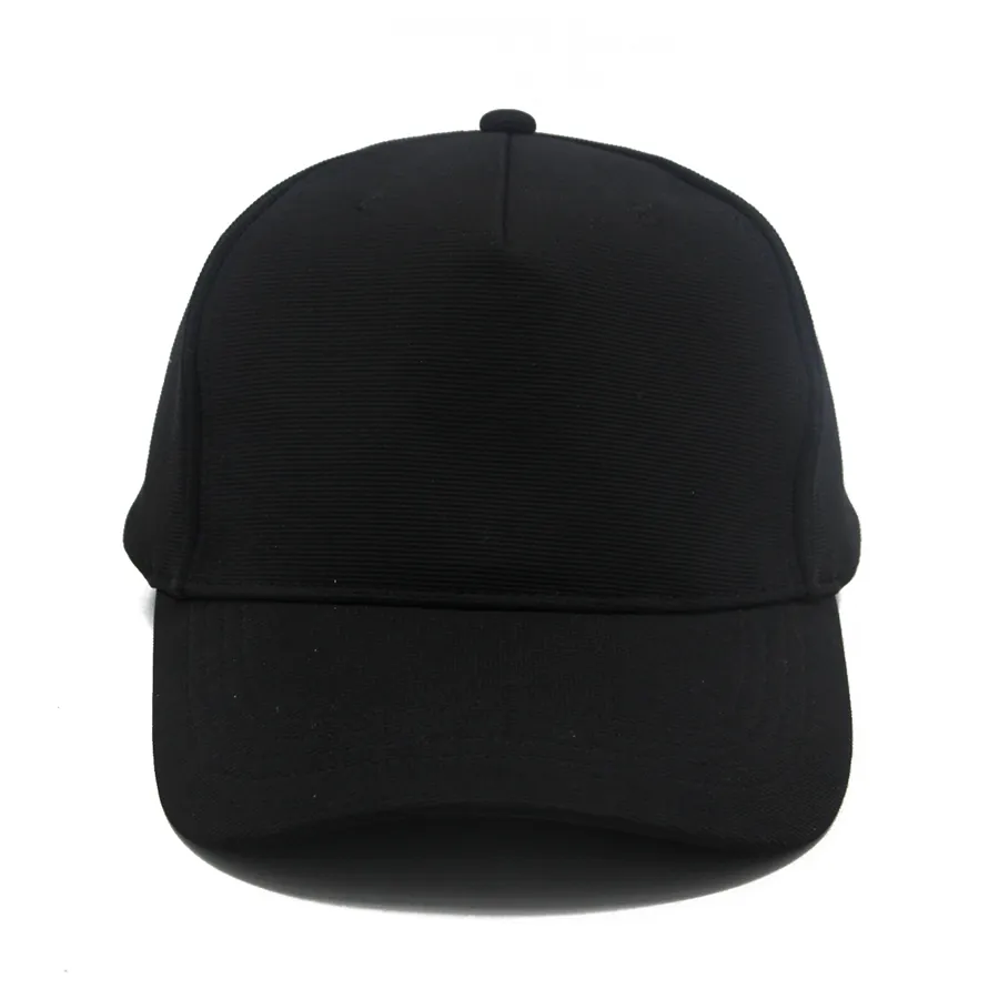 Front view of a plain black cap with a broad front area, short center line near the top and curved brim.