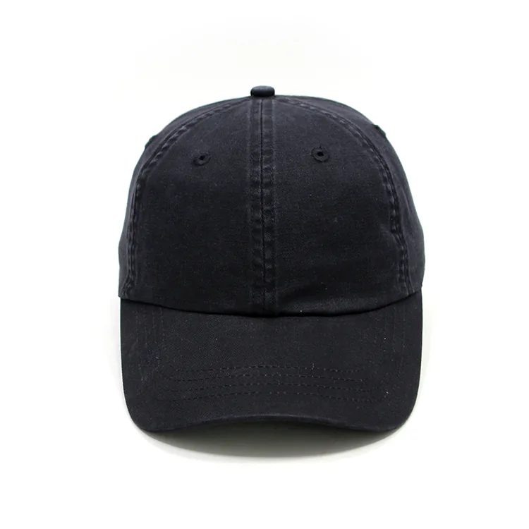 Front view of a black cap showing its center seam and the curve across the brim.