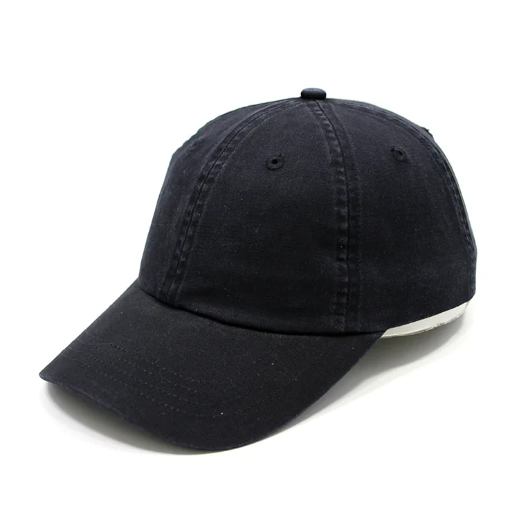 Three-quarter view of a black cap with a curved brim, plain front and visible panel seams.
