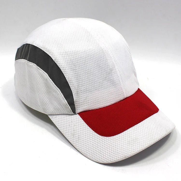 Three-quarter view of a white sports cap with a red section across the brim and a black curved side panel.