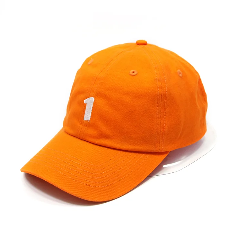 Orange curved-brim cap with a white numeral one on the front and visible crown seams.