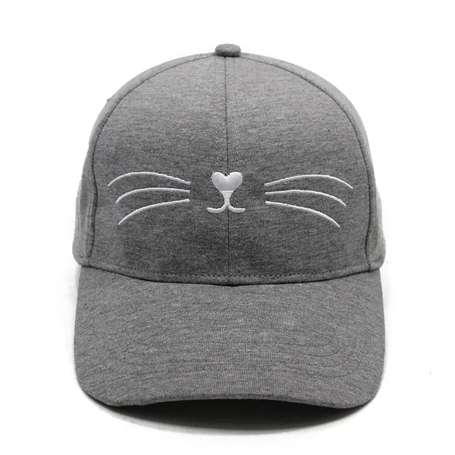 Front view of a gray curved-brim cap with raised white cat-whisker embroidery across its center seam.