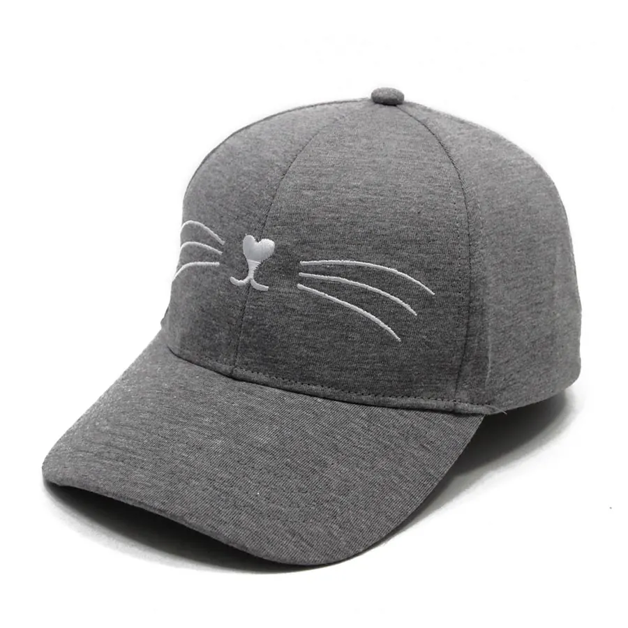 Three-quarter view of a gray curved-brim cap with raised white cat-whisker embroidery across its front seam.