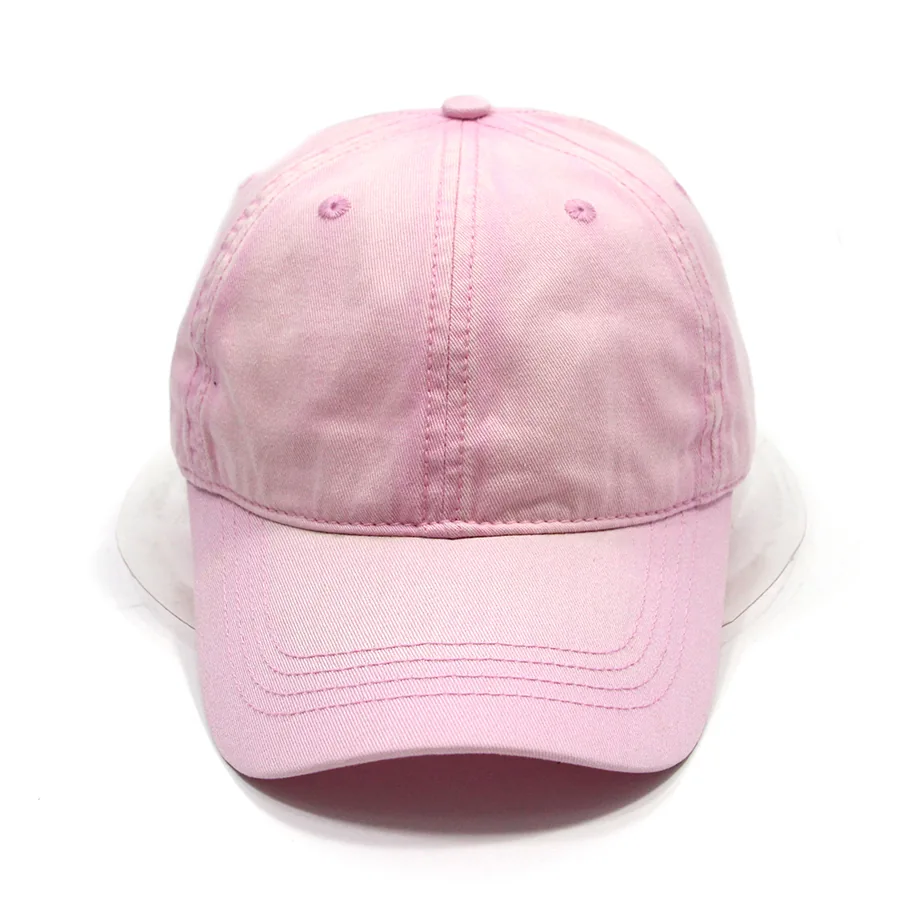 Front view of a pink cap showing its center seam, eyelets and curved brim.