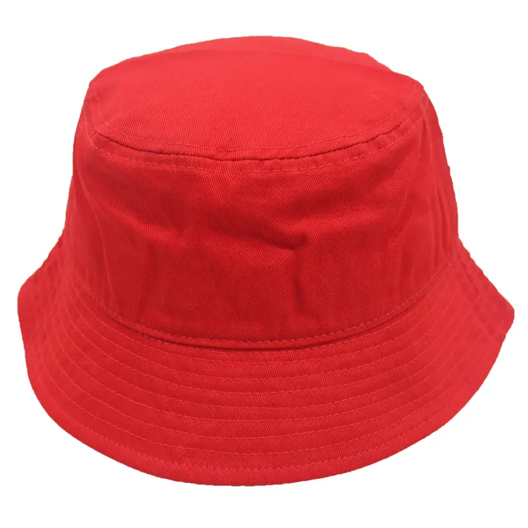 Exterior view of a plain red bucket hat with a downward all-around brim and multiple parallel stitch rows.