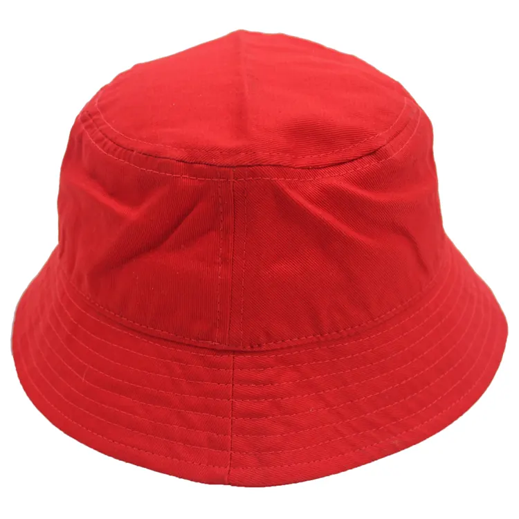 Exterior view of a plain red bucket hat with a vertical crown seam continuing toward the brim and rows of brim stitching.