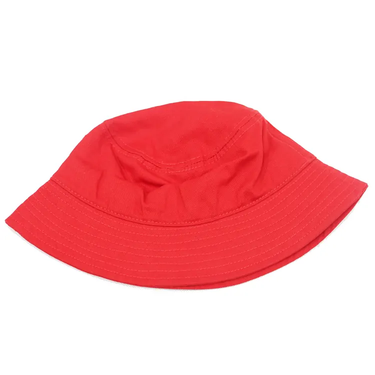 Low side-profile view of a plain red bucket hat showing the brim sloping down from the crown with parallel stitch rows.