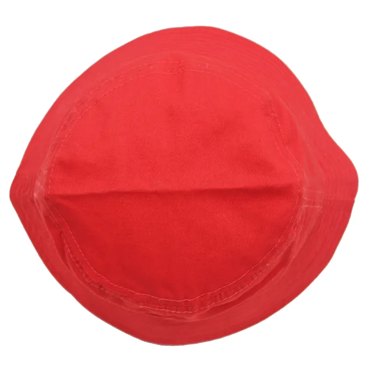 Top view of a plain red bucket hat showing the crown top, surrounding brim ring and stitch rows.