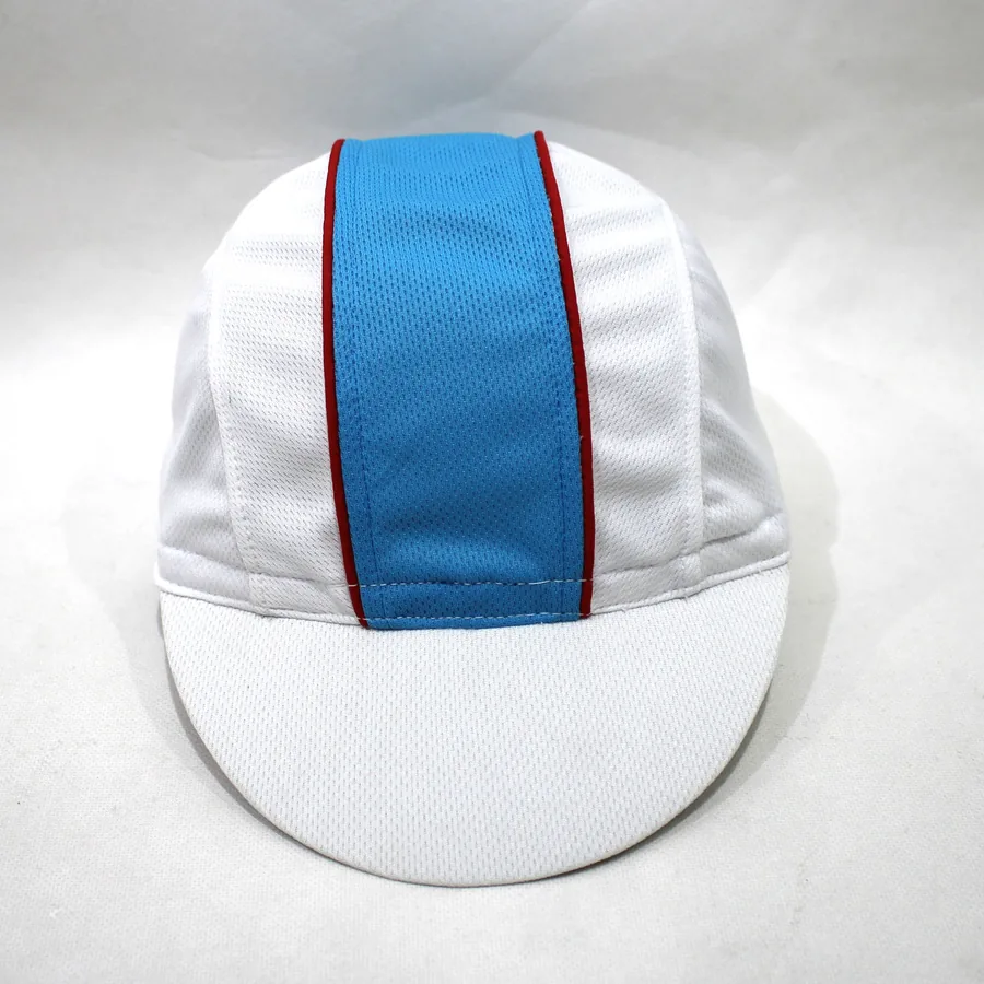 Front and top view of a white short-brim cap with a blue center strip and narrow red edging on both sides.