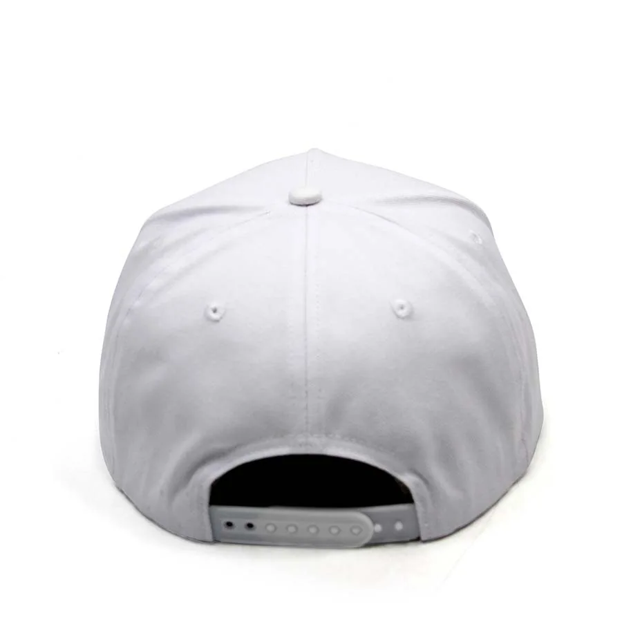 Rear view of a white cap with a gray snap closure and curved opening above it.