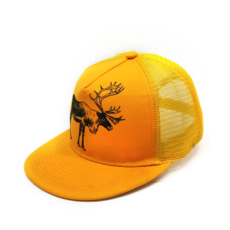 Side view of a yellow flat-brim mesh cap with a dark deer graphic on the front panels.