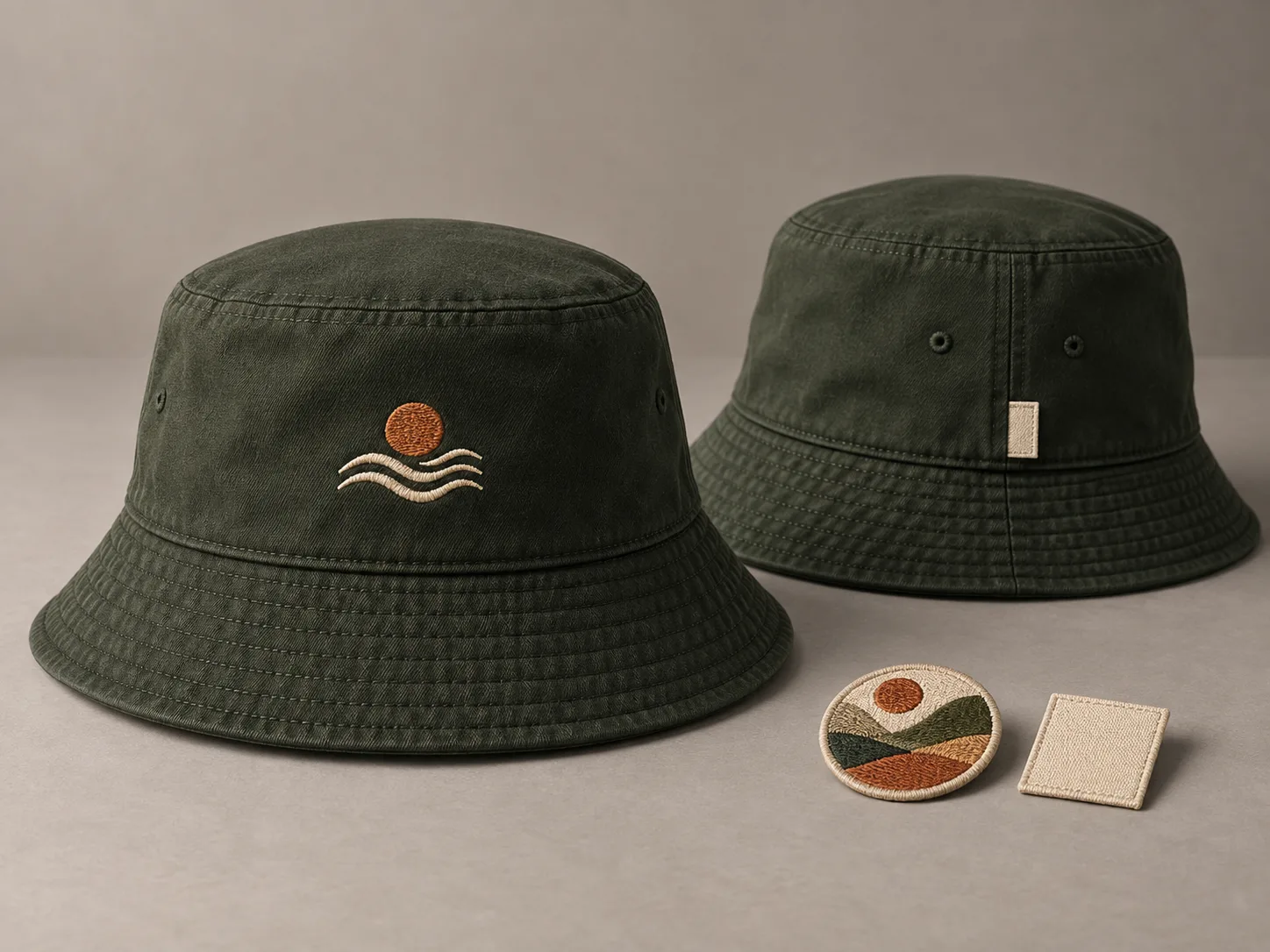 Illustrative bucket-hat front, side and brim-adjacent decoration concepts