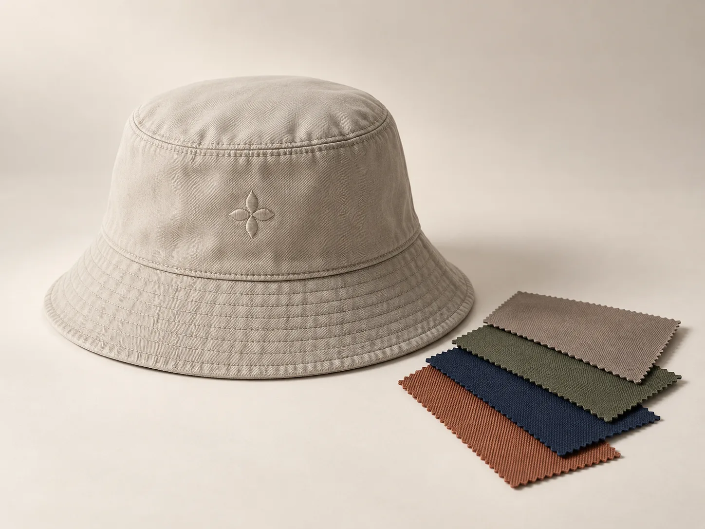 Illustrative bucket hat with fabric and neutral color-reference concepts