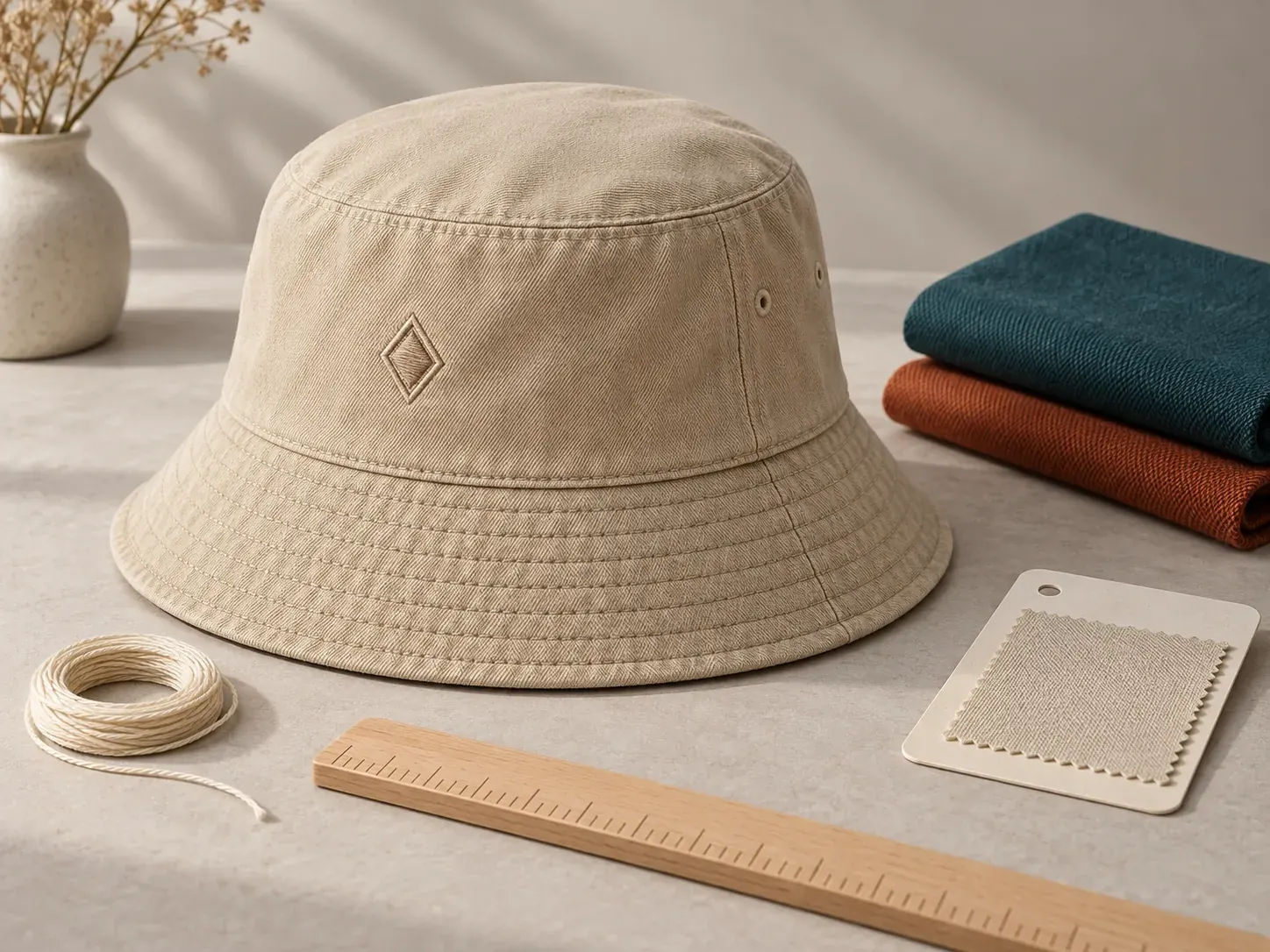 Illustrative bucket-hat sample-review materials