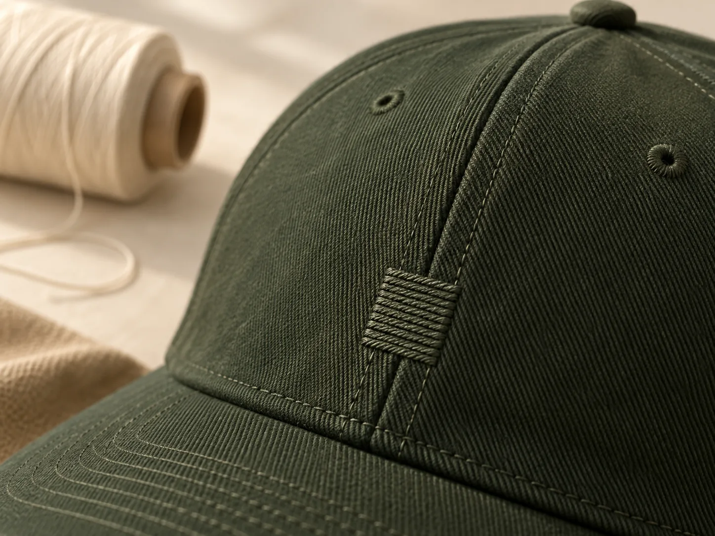 Tone-on-tone embroidery stitches on a forest-green cap