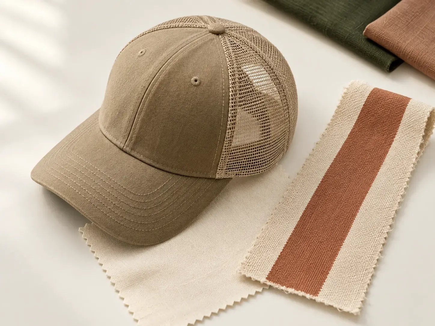 Clay print test strip beside a sand-colored cap