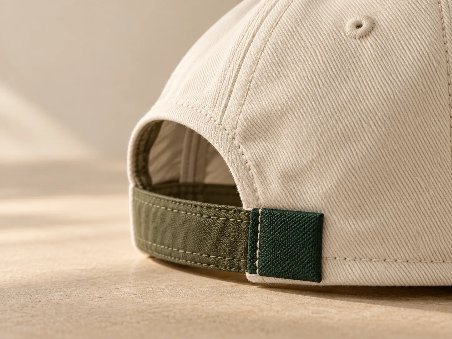 Blank woven label sewn to a cream cap