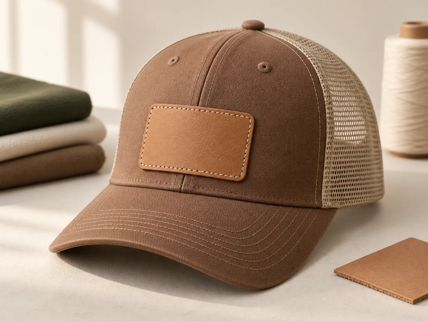 Blank leather patch stitched onto a clay-colored cap