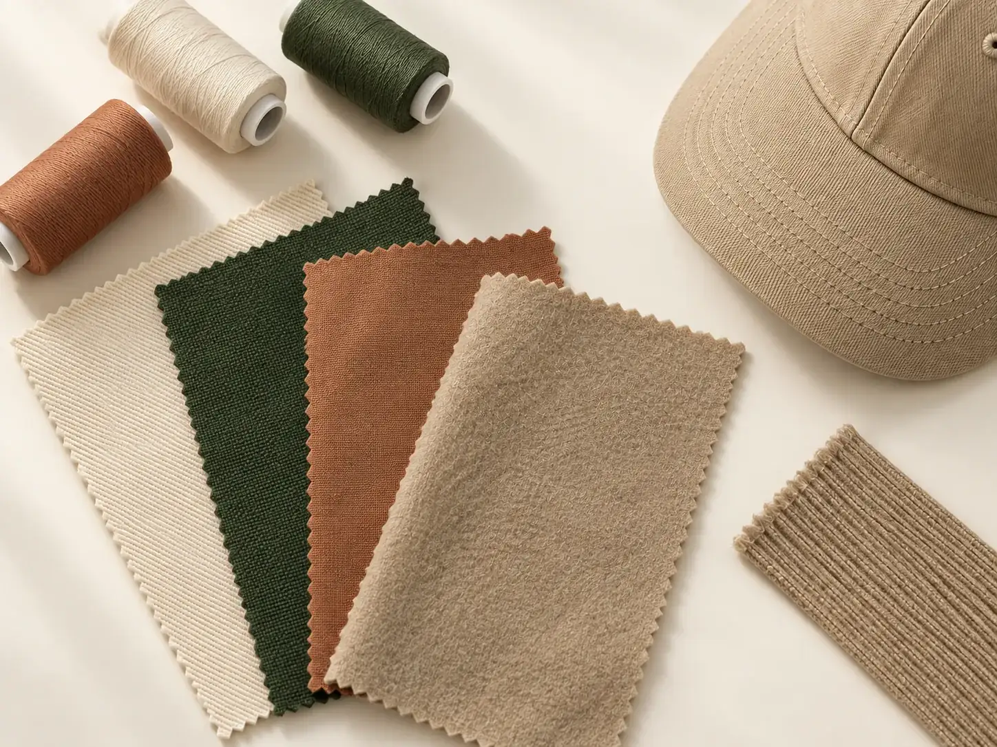 Headwear fabric swatches and matching thread colors