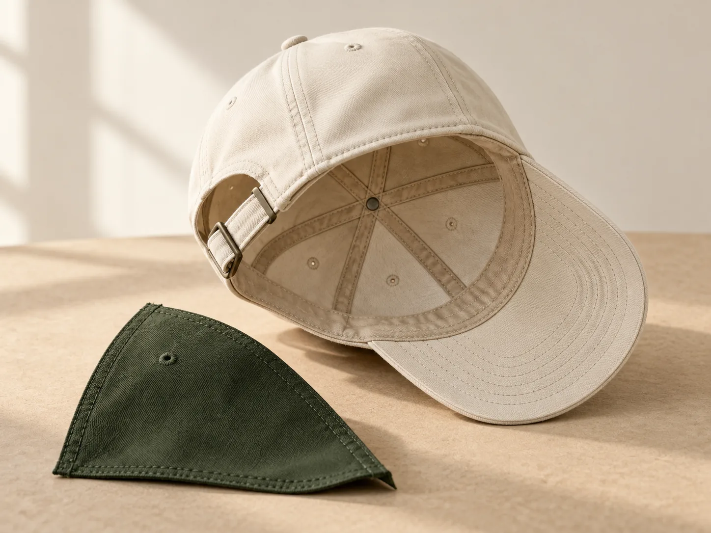 Cap interior seams, sweatband and adjustable strap