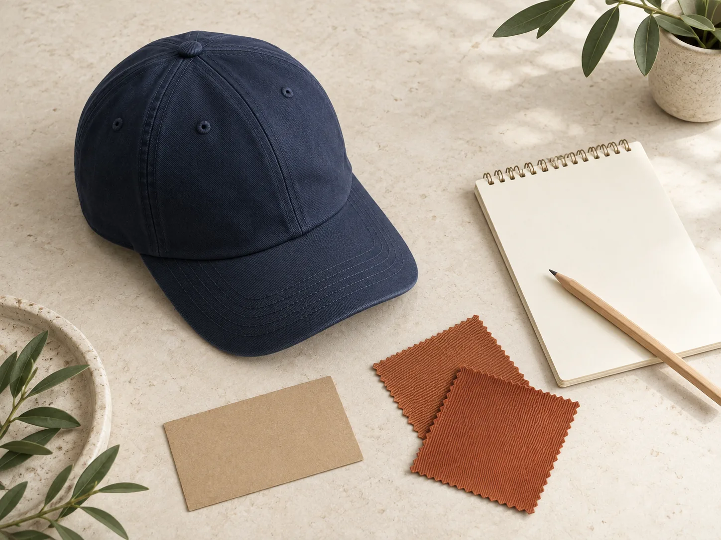 Illustrative navy cap sample with blank notes and fabric swatches