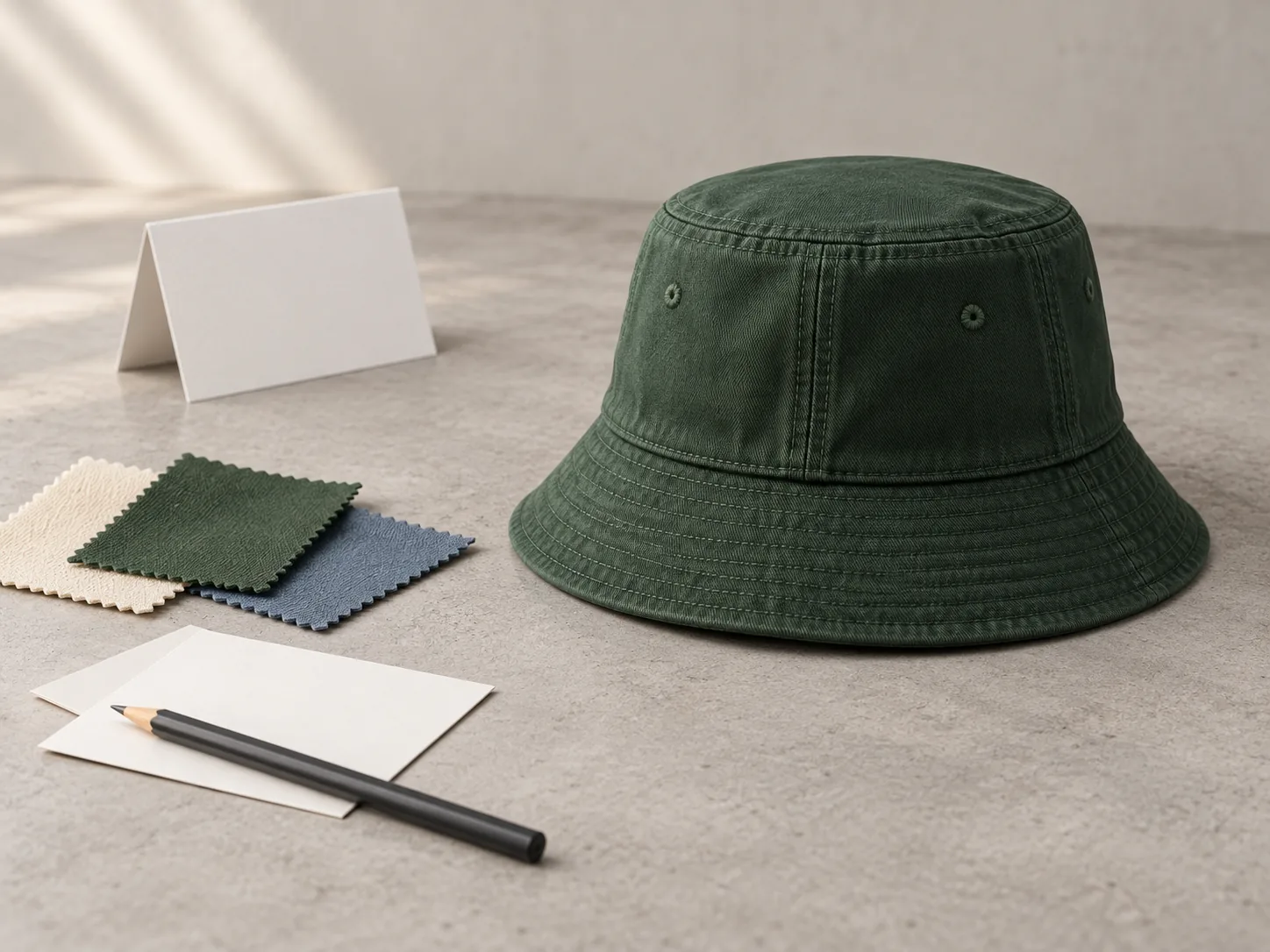 Illustrative bucket hat sample with material swatches and blank discussion cards