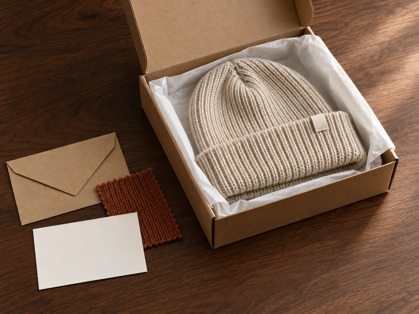 Illustrative knit hat sample in a box with a blank note card