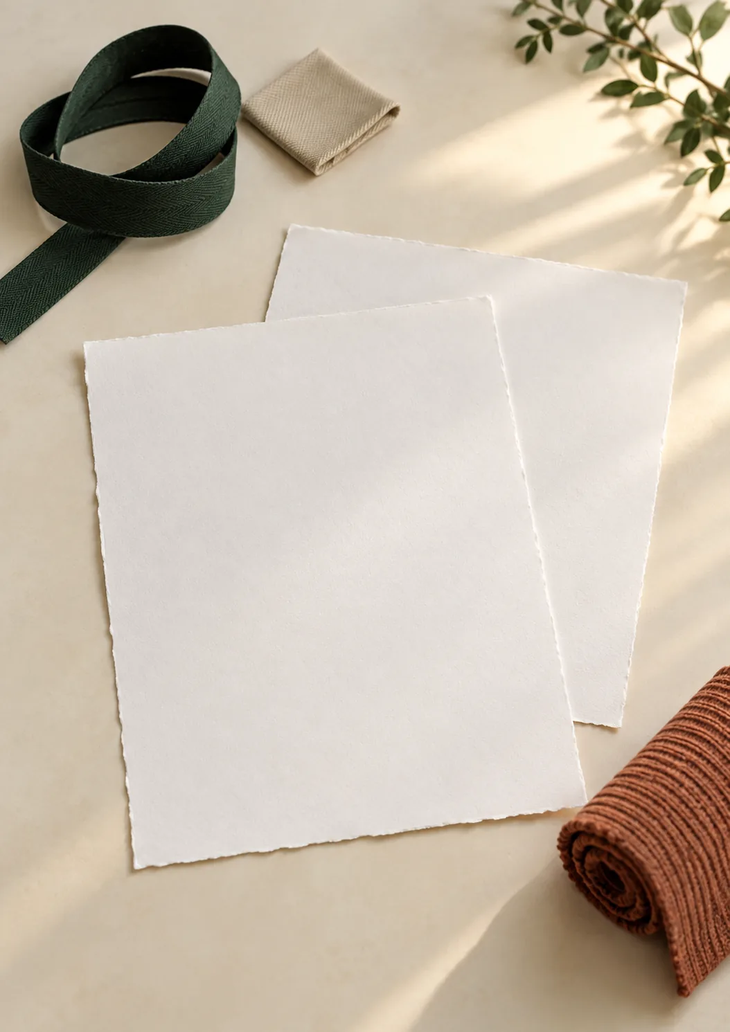 Blank paper beside cotton tape and knit fabric