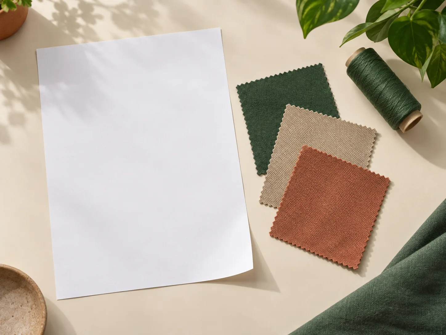 Blank paper beside cotton fabric swatches