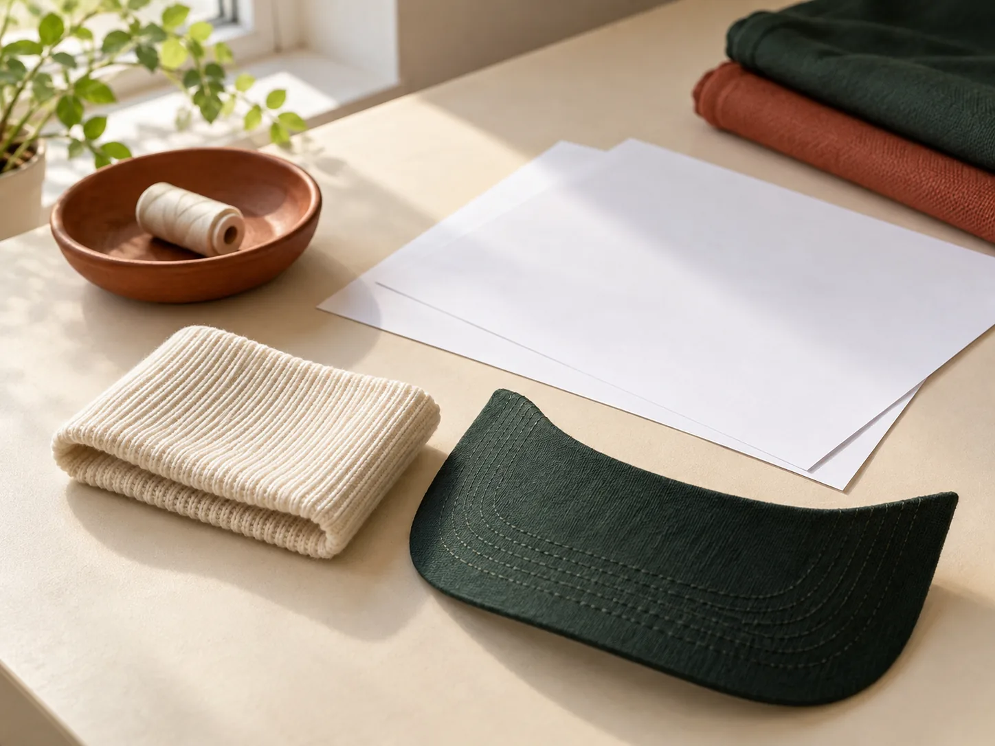 Blank sheets beside knit and brim material samples