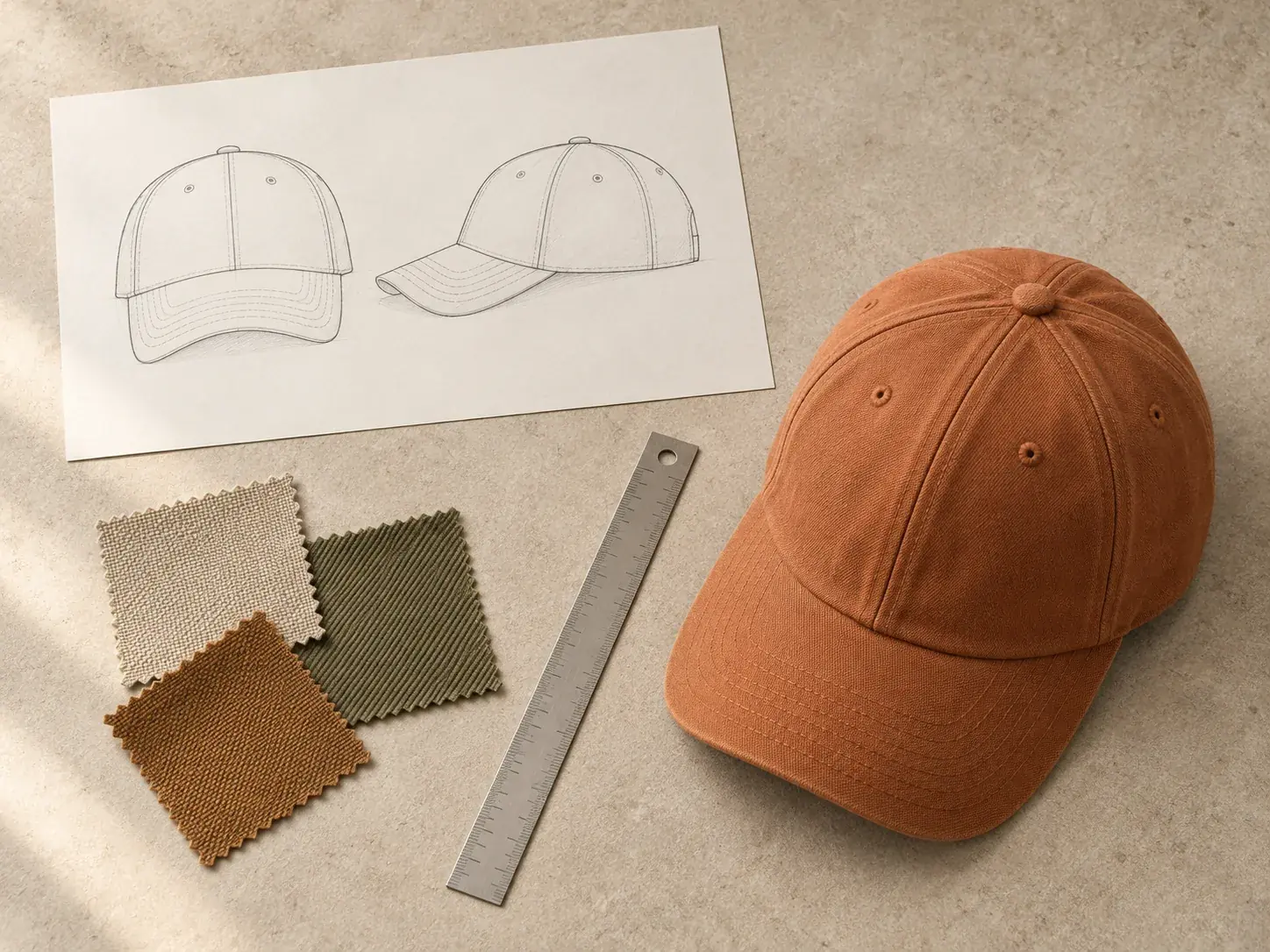 Illustrative hat sketch, orange sample and swatches