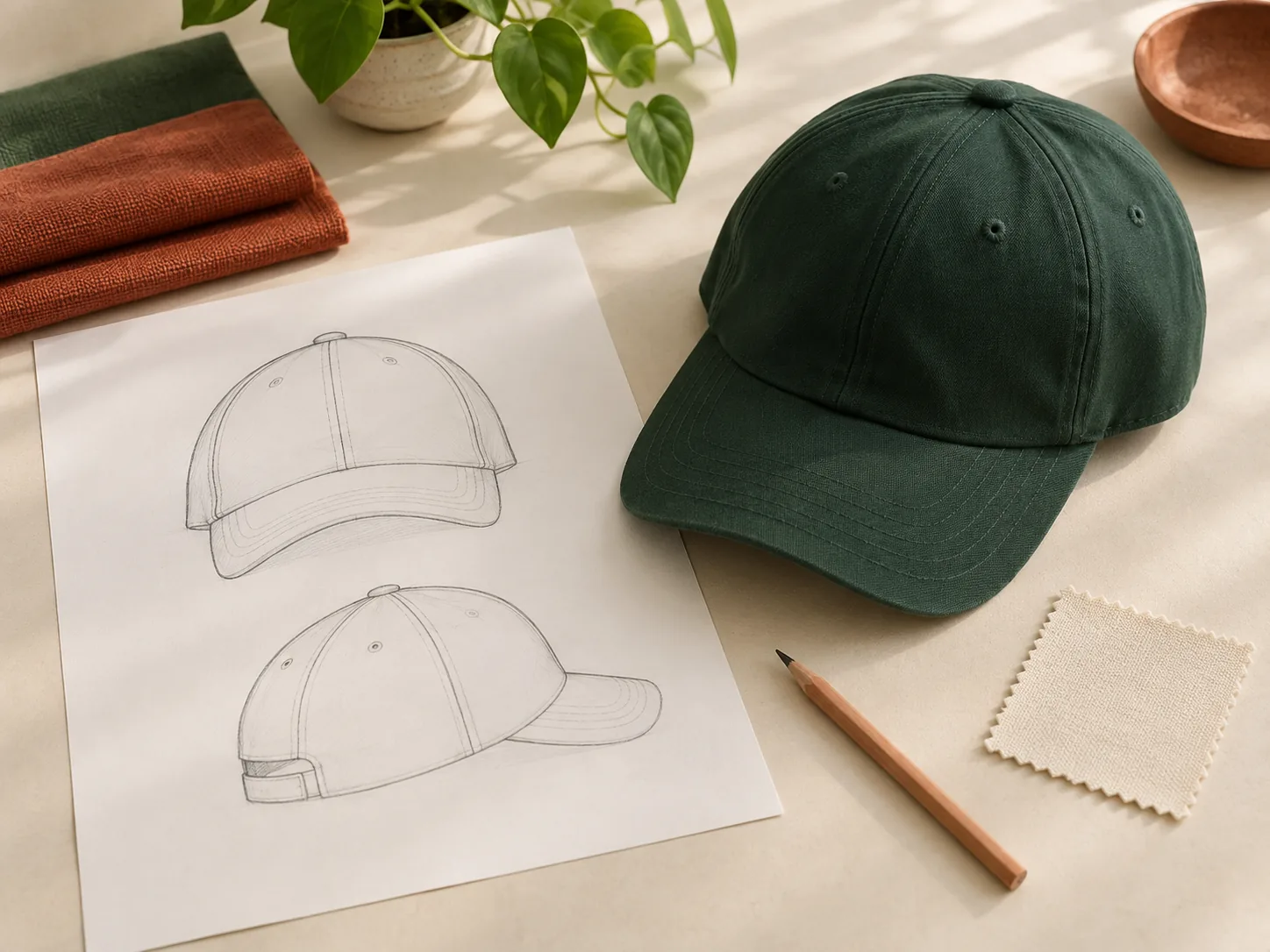 Illustrative cap artwork sketches beside a green sample