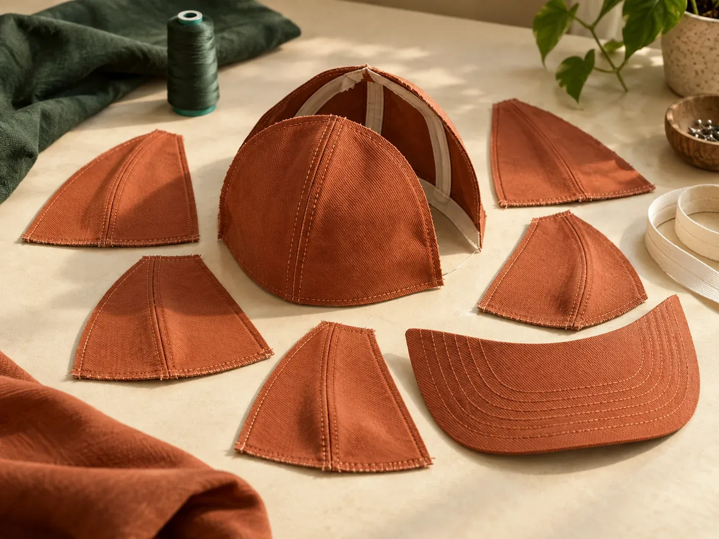 Illustrative cap panels and a partly assembled cotton crown