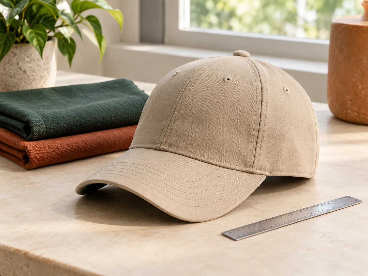 Illustrative cap sample beside a ruler