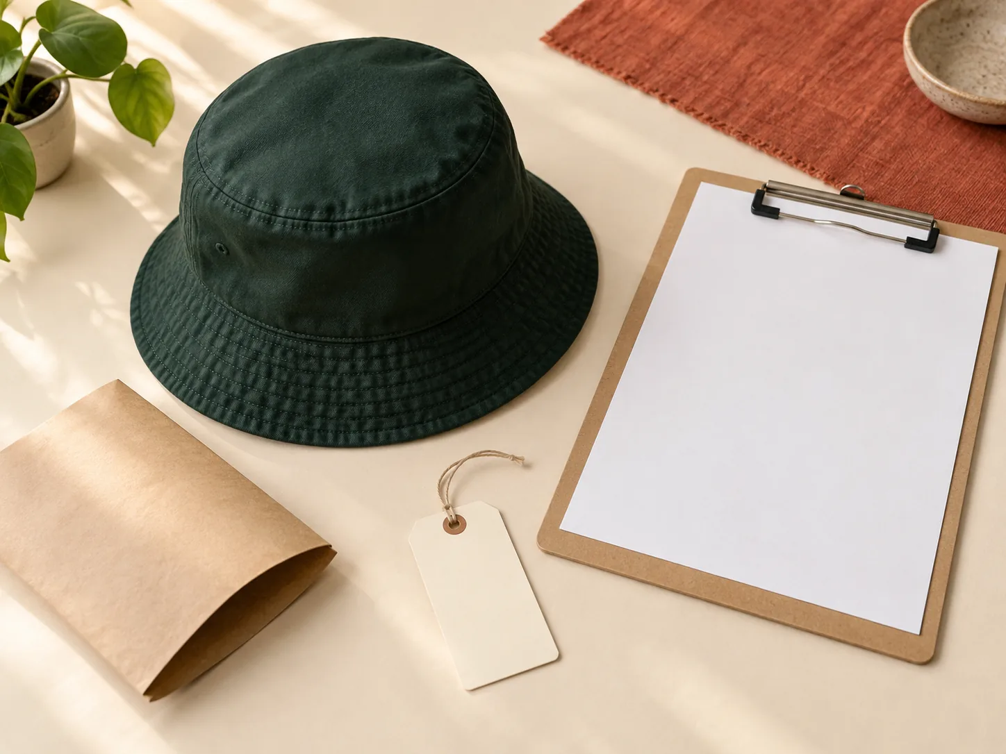 Illustrative bucket hat, blank project paper and packing materials