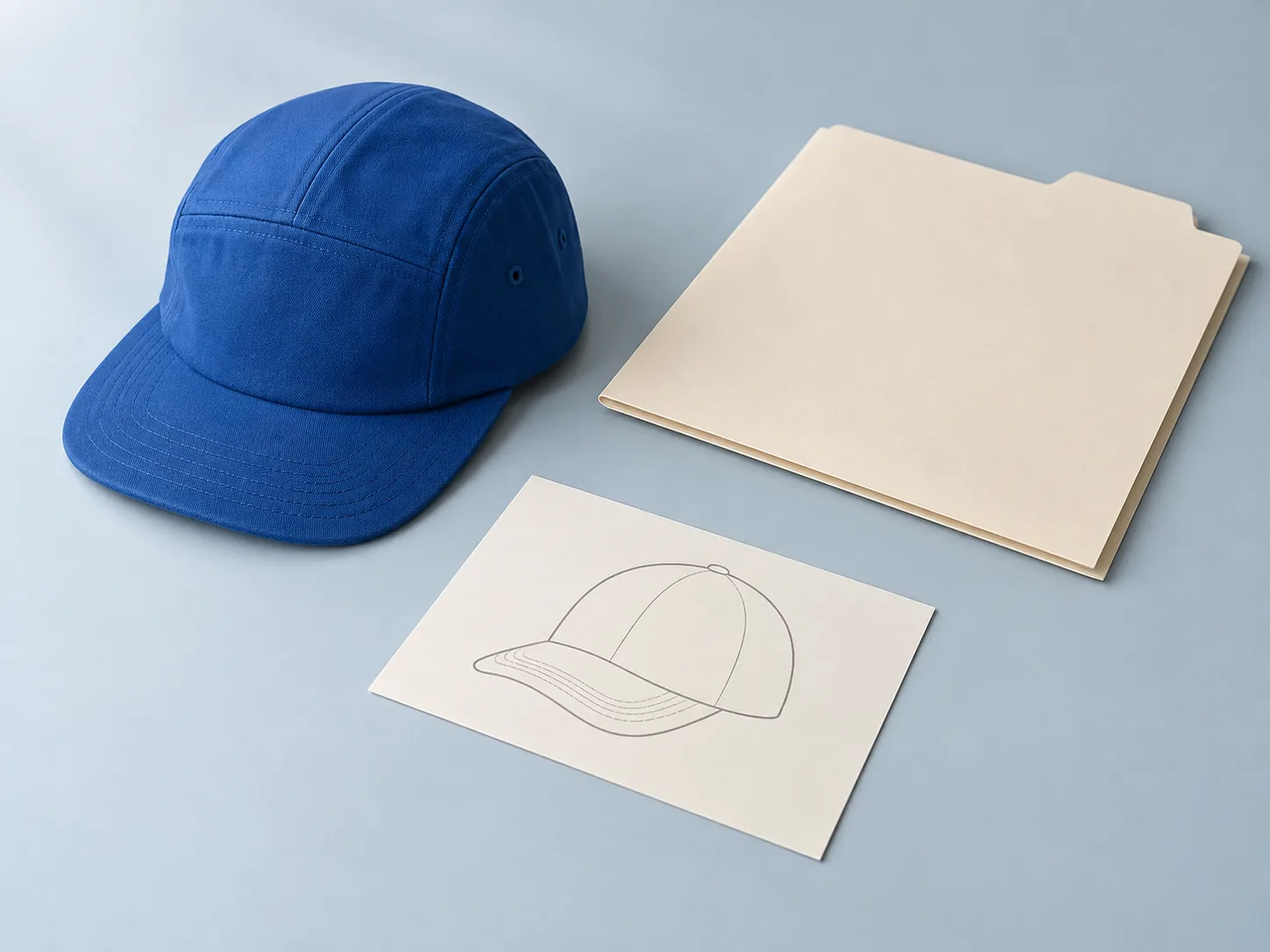 Headwear sketch beside a plain file folder