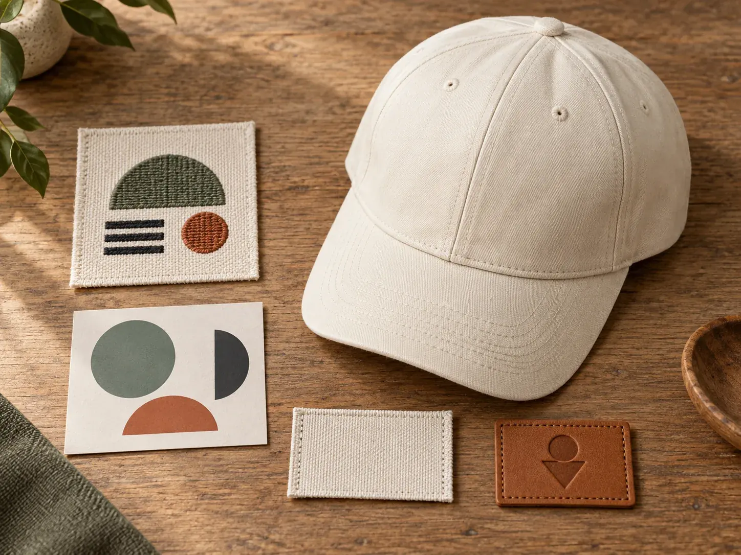 Illustrative unbranded cap with generic embroidery, print, woven-label and leather-patch concepts