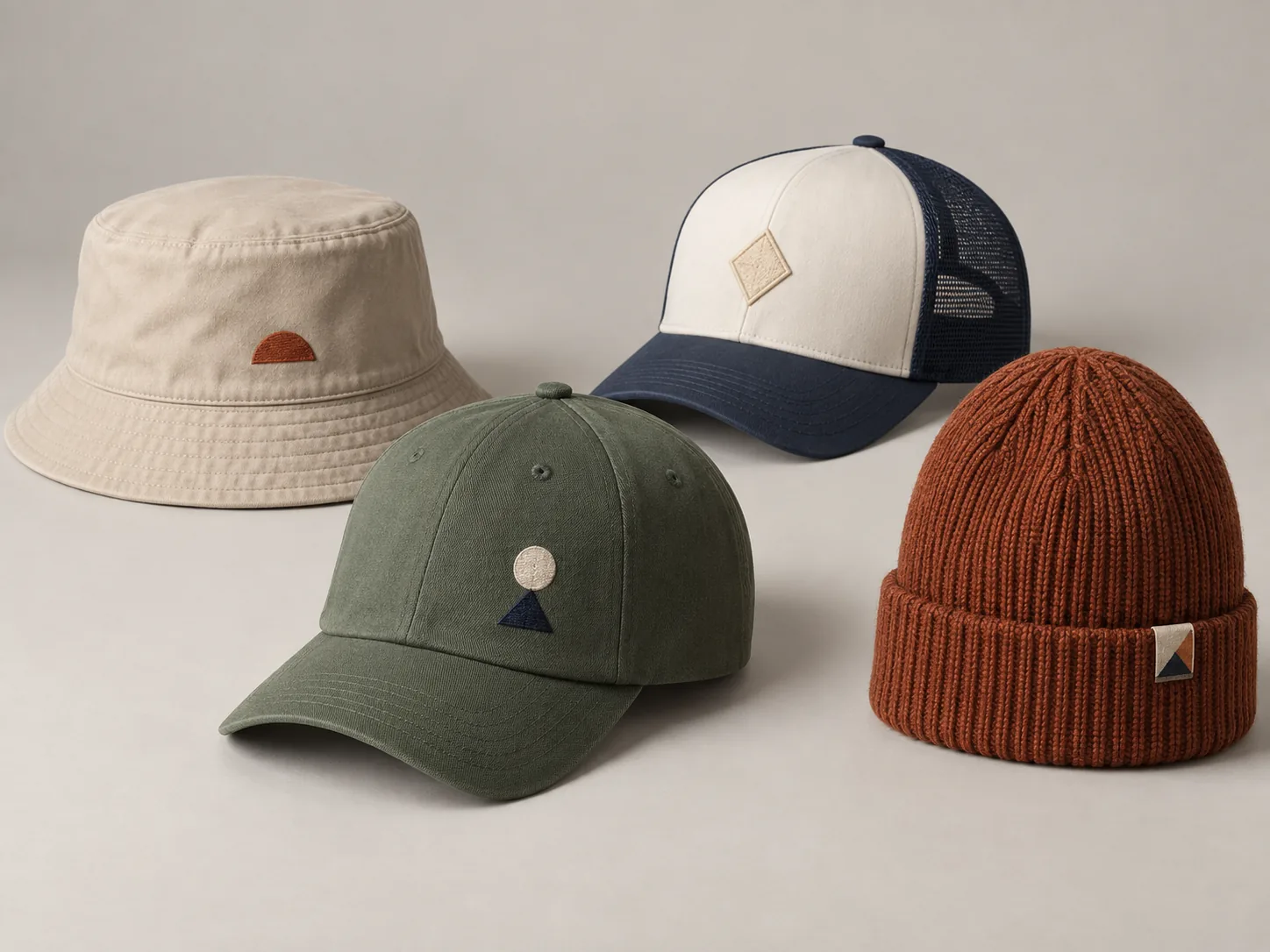 Illustrative baseball, trucker, bucket and knit hat shapes with original geometric decoration concepts