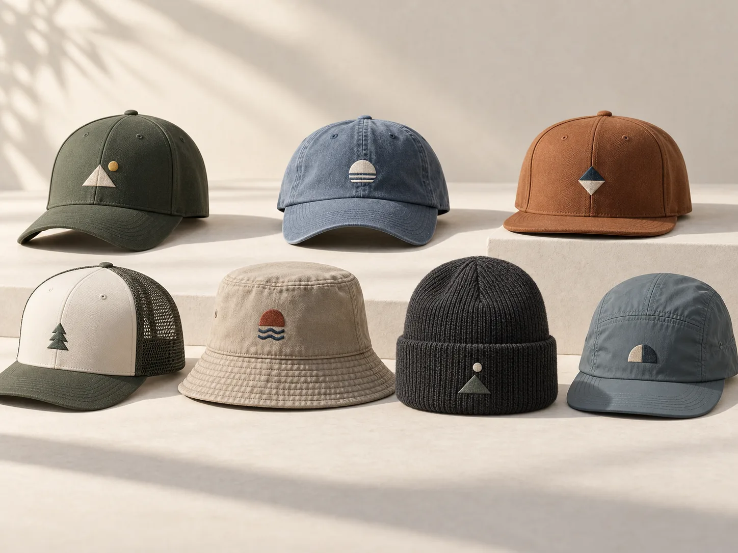 Unbranded headwear shapes arranged together for custom-hat direction discussion
