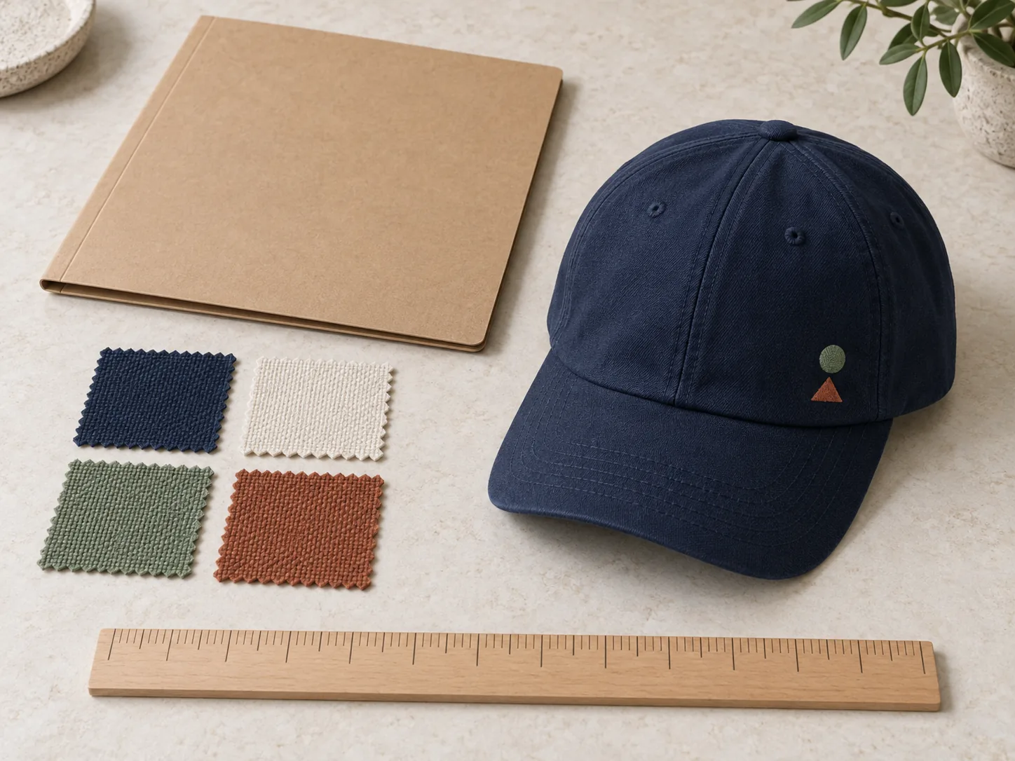 Illustrative navy cap with a small geometric embroidery beside fabric swatches and a blank briefing folder
