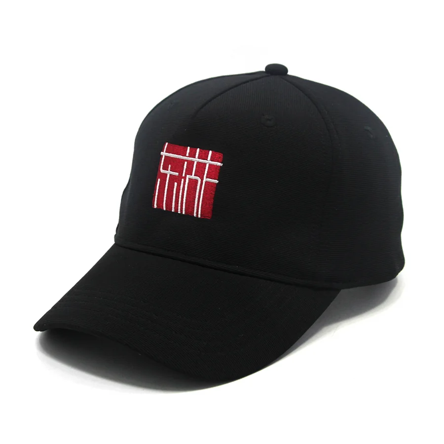 Black curved-brim baseball cap with a red and white embroidered square emblem.